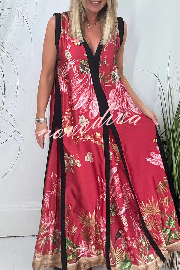Vanna Unique Tropical Print Black Patchwork Detail A-line Maxi Dress