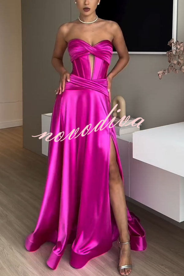 Emiliana Satin Twist Bust Cutout Corset Slit Prom Maxi Dress