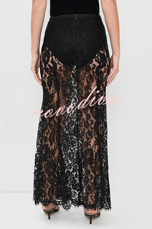 Make An Entrance Floral Stretch Lace Mid Rise Flare Maxi Skirt