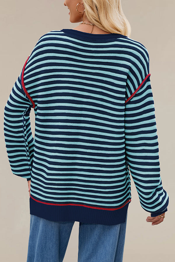 Striped Knit Loose-fitting Crew Neck Long-sleeved Casual Sweater