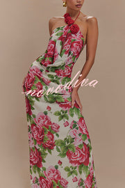 Elegance and Romance Chiffon Printed Rose Applique Cowl Neck Maxi Dress