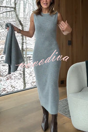 Soft and Warm Cashmere Ribbed Knit Sleeveless Midi Sweater Dress