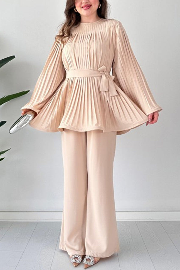 Solid Color Round Neck Flared Sleeve Pleated Tie Waist Top and Elastic Waist Casual Straight Pants Set