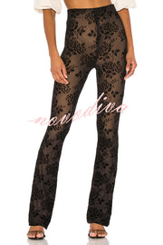 Romance Detail Flower Pattern Mesh Elastic Waist Stretch Flare Pants