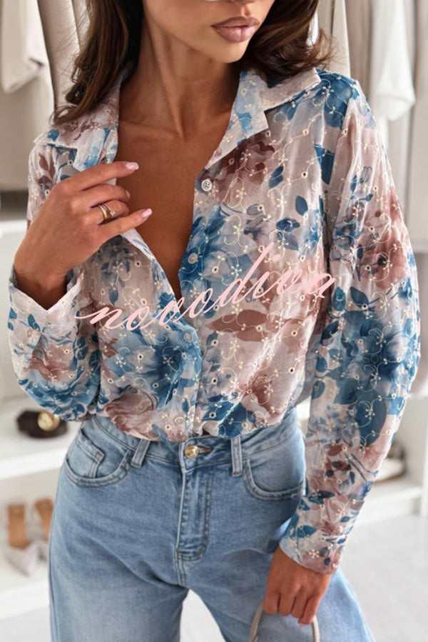 Floral Print Lapel Long Sleeve Casual Shirt