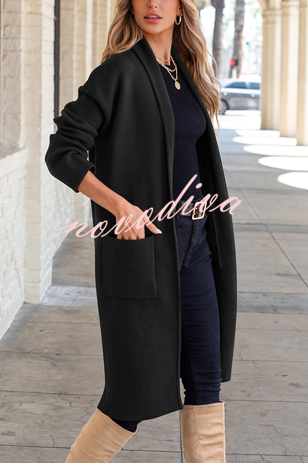 Solid Color Long-sleeved Casual Loose Pocket Mid-length Cardigan