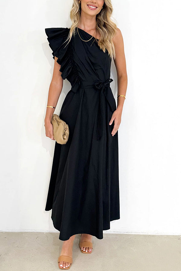 Solid One Shoulder Ruffled Sleeves Tie Waist Maxi Dress