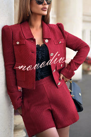Sweet Dreams Tweed Bow Neck Button Long Sleeve Pocket Crop Jacket