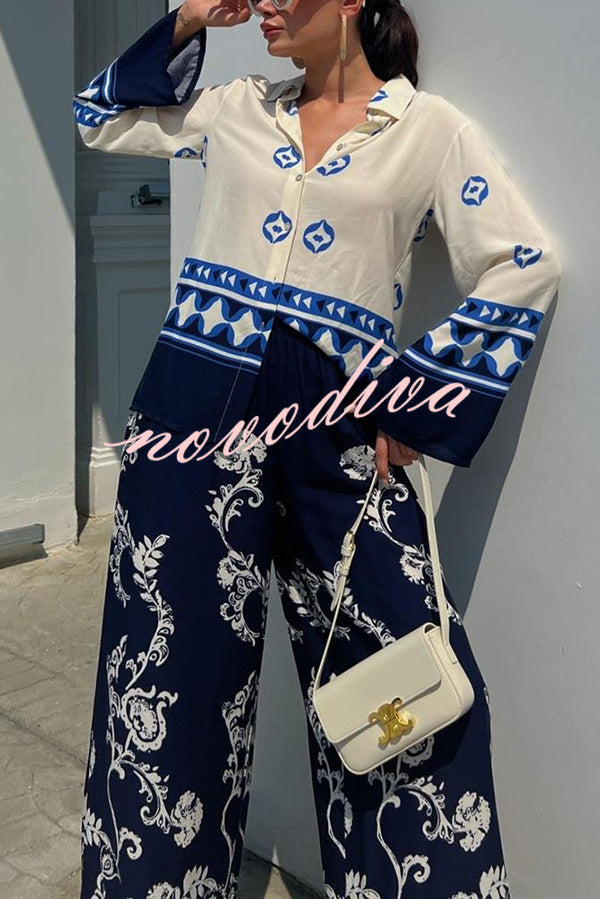 Unique Printed Lapel Long-sleeved Loose Top and Elastic Waist Casual Wide-leg Pants Set