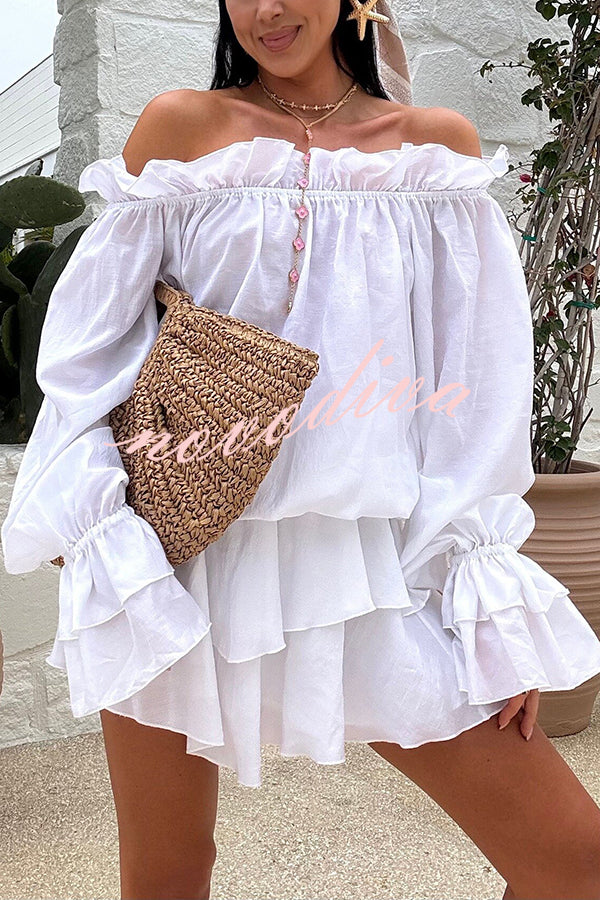 Arnell Linen Blend Off Shoulder Balloon Sleeve Shirt and Elastic Waist Layered Shorts Set