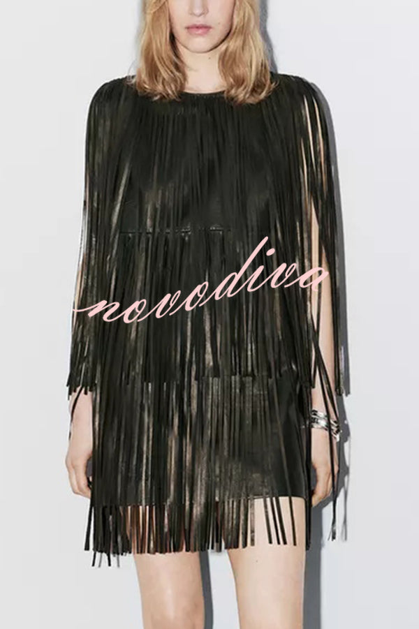 Modern Times Faux Leather Layered Tassel Design Sleeveless H-line Mini Dress