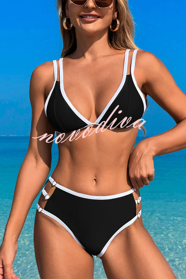 Contrast Color Lace-up Stretch Two-piece Bikini Swimsuit