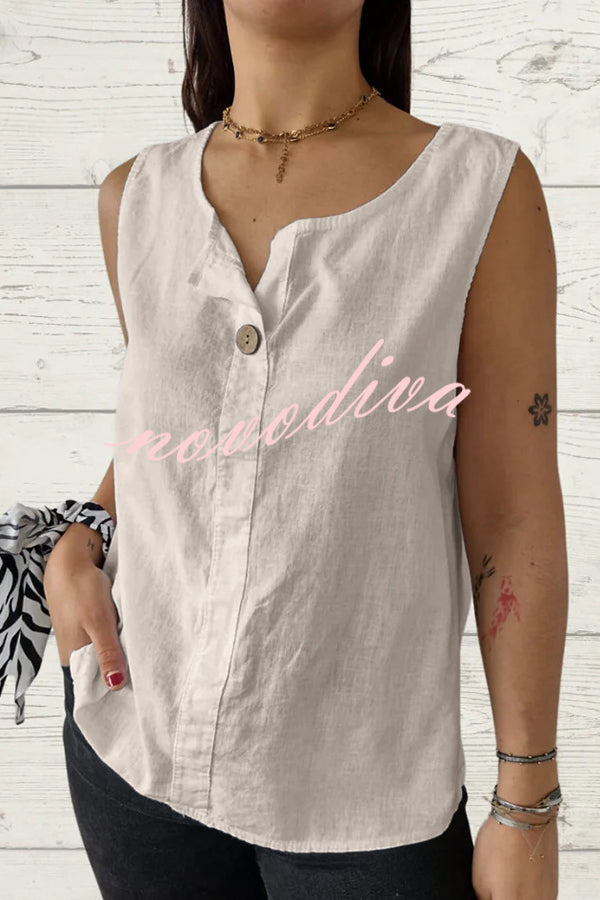 Solid Color V-Neck Button Loose Sleeveless Top