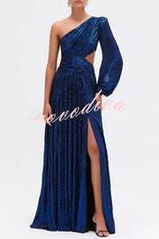 Dazzling Night Metallic Pleated One Shoulder Cutout Balloon Sleeve Gown Maxi Dress