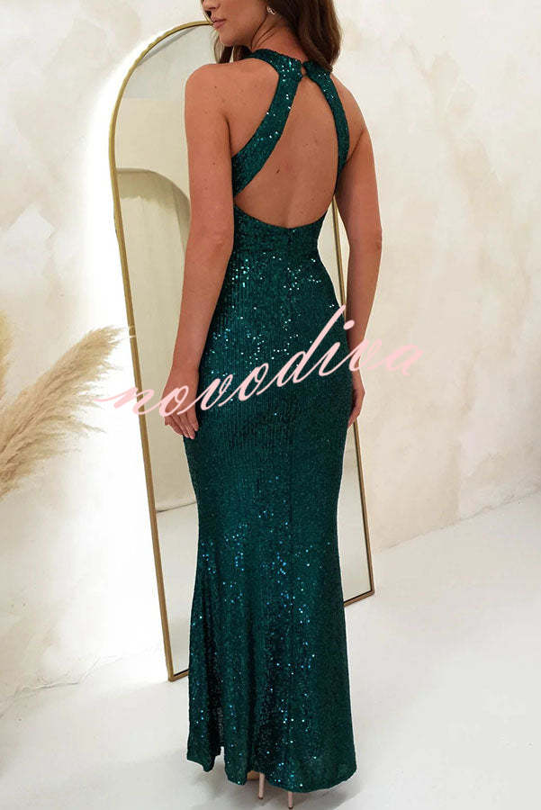 Time To Sparkle Sequin Cross Halter Neck Backless Maxi Dress