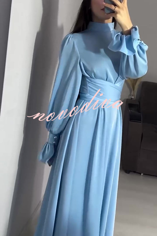 Solid Color Ruffled Sleeves Waisted Tie Slim Fit Maxi Dress