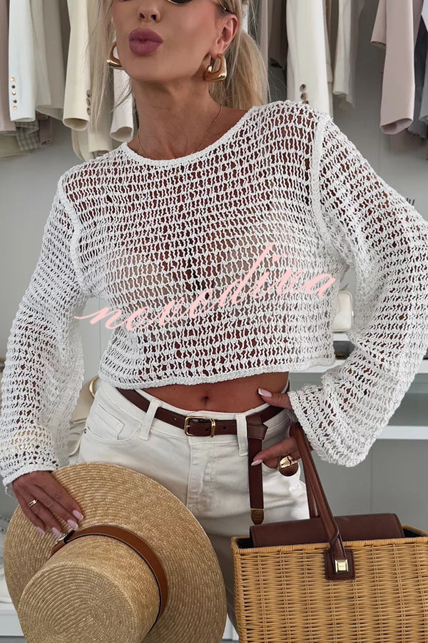 Fashion Knitted Hollow Long Sleeve Round Neck Holiday Cover Up