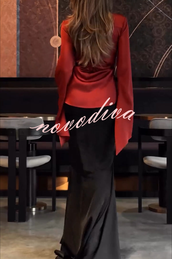 Jenny Satin High Rise Elastic Waist Flare Maxi Skirt