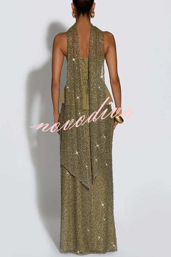 Oakley Corset Strapless Top and Sequin High Rise Maxi Skirt Scarf Set