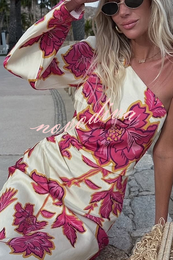 Rhia Satin Floral Print One Shoulder Flared Maxi Dress