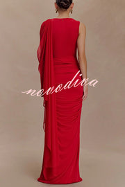 Fashionable Mesh Shawl Sleeveless Slim Fit Pleated Maxi Dress