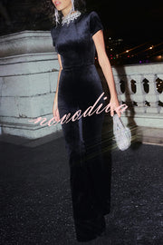 Lucia Luxurious Velvet Jewel-encrusted Turtleneck Short Sleeve Flare Stretch Jumpsuit