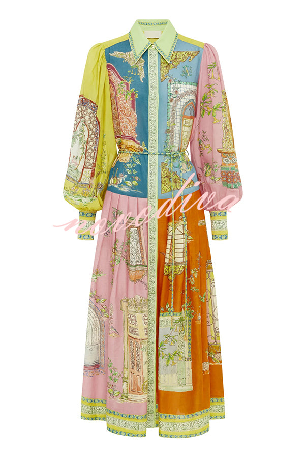 Unique Print Lapel Lantern Sleeve Single Breasted Tie Waist Midi Dress