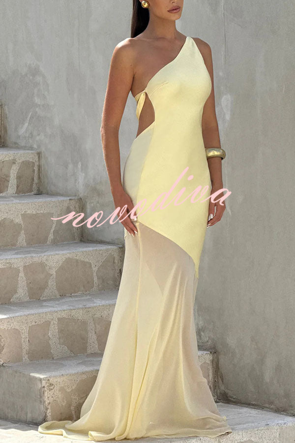 Fable Satin One Shoulder Back Adjustable Straps Contrast Chiffon Hem Maxi Dress