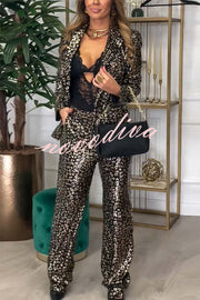 Mona Leopard Metallic Fabric Lapel Boyfriend Blazer and Elastic Waist Pocketed Loose Pants Set