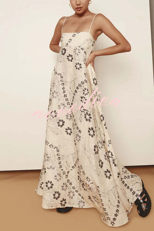 Linen Blend Floral Print Strappy Full-hem Backless Maxi Dress