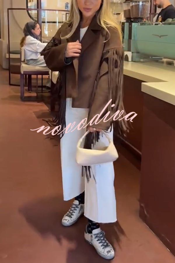 Western City Suede Long Tassels Long Sleeve Lapel Relaxed Jacket