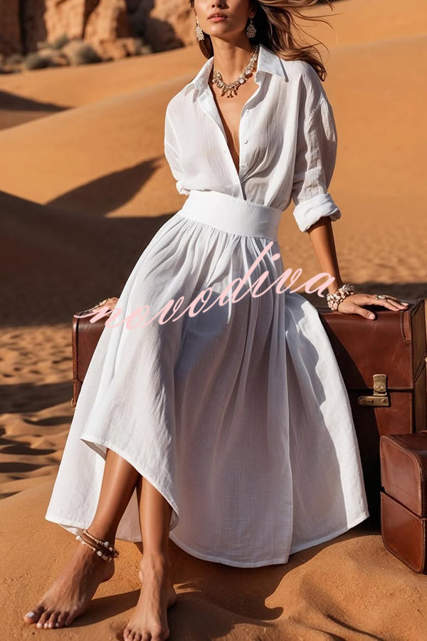 Solid Color Lapel Long Sleeve Casual Waist Midi Dress