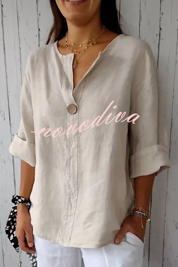 Solid Color Casual Button V-neck Loose Top