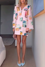 Coastal Cove Linen Blend Unique Print Tie-up Neck Long Sleeve Loose Mini Dress