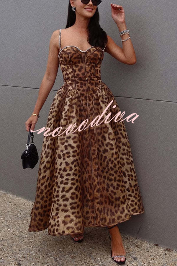 Unleash Your Wild Leopard Rhinestone Trim Back Smocked Midi Dress