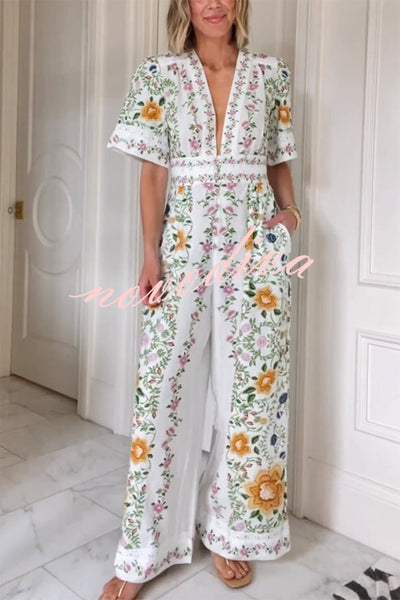 Natural Charm Linen Blend Floral  Print Short Sleeve Pocketed Wide Leg Jumpsuit