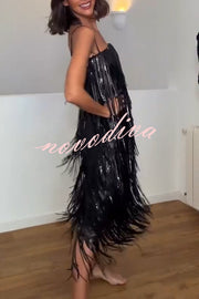 Chic Celebration Layered Sequined Tassels Slip Strapless H-line Midi Dress