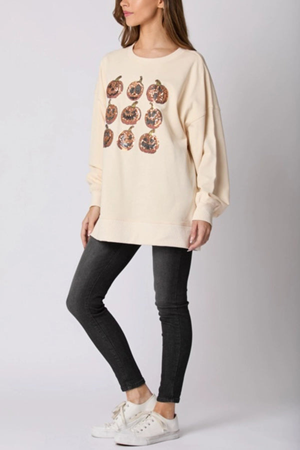 Halloween Pumpkin Sequin Loose Casual Sweatshirt