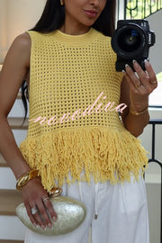 Solid Color Round Neck Sleeveless Hollow Tassel Loose Vest