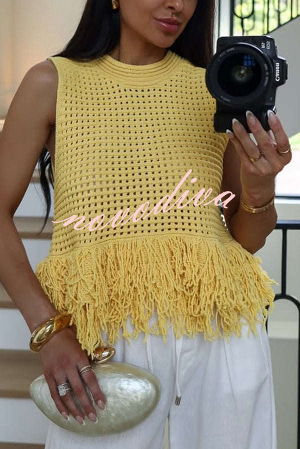 Solid Color Round Neck Sleeveless Hollow Tassel Loose Vest