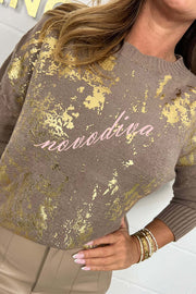 Fashionable Gold Stamping Printed Round Neck Long Sleeve Loose Sweater