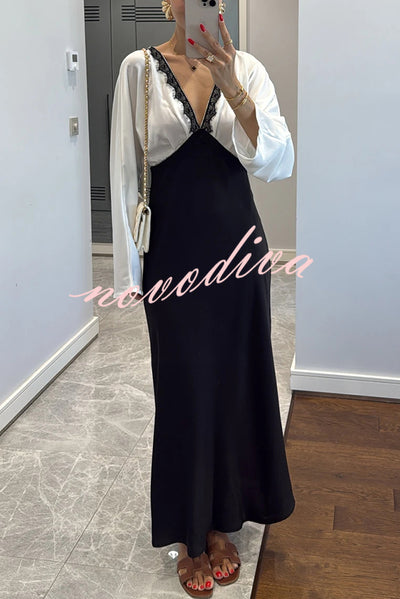 Lainei Contrast Color Satin Lace Trim V-neck Long Sleeve Maxi Dress