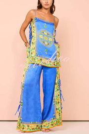 Nara Satin Unique Print Side Lace-up Tank and Elastic Waist Pocketed Wide Leg Pants Set