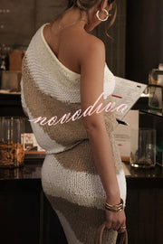 Soft Autumn Knit Colorblock One Shoulder Sleeve Ribbed Trim Loose Sweater