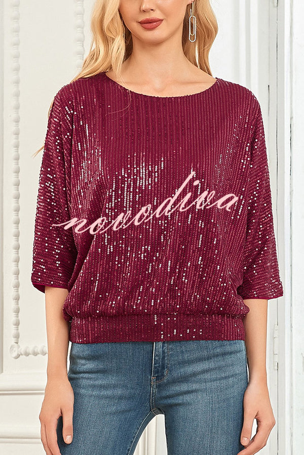 Solid Color Sequined Loose Round Neck Casual Top