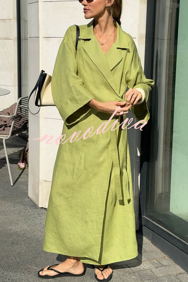 Linen Blend Solid Color Casual Lapel Tie Loose Maxi Dress