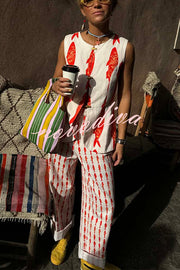 Good Luck Linen Blend Koi Pattern Metal Buttons Waisted Vest