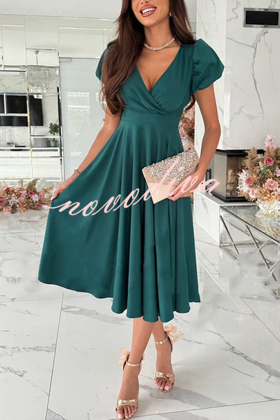 Zayla Solid Color Puff Sleeve V-neck Waist Slim Fit Midi Dress