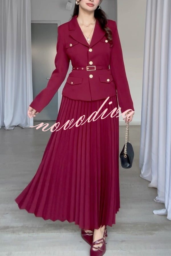 Solid Color Lapel Button Belt Blazer and Pleated Casual Maxi Skirt Set