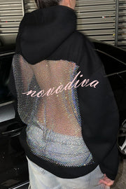 Fashionable Shiny Mesh Hollow Back Loose Long-sleeved Hooded Sweatshirt